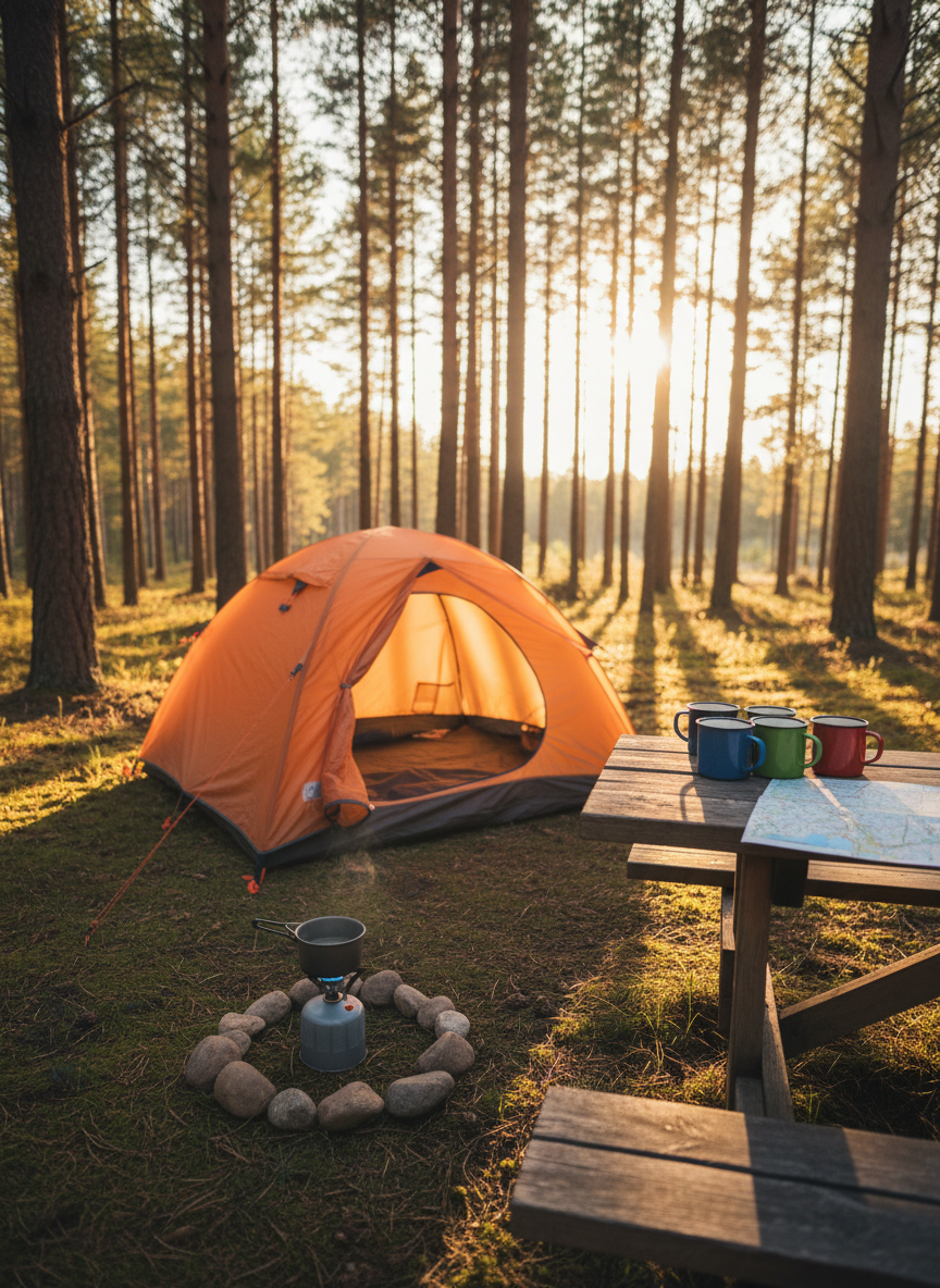 A cozy forest campsite with a small, bright-orange dome tent as the main focus, its rainfly neatly clipped and guylines pulled taut against soft mossy ground. In front of the tent, a compact camping stove simmers a metal pot beside a carefully arranged circle of smooth river stones. Golden hour sunlight filters through tall pines, casting long, playful shadows across a picnic table covered in colorful enamel mugs and a folded trail map. Photographic realism, shot at eye level with a slight wide-angle lens, capturing sharp detail in the foreground and a gently blurred background of distant trees. The mood is inviting and lighthearted, emphasizing the fun of setting up camp in a serene, natural clearing.