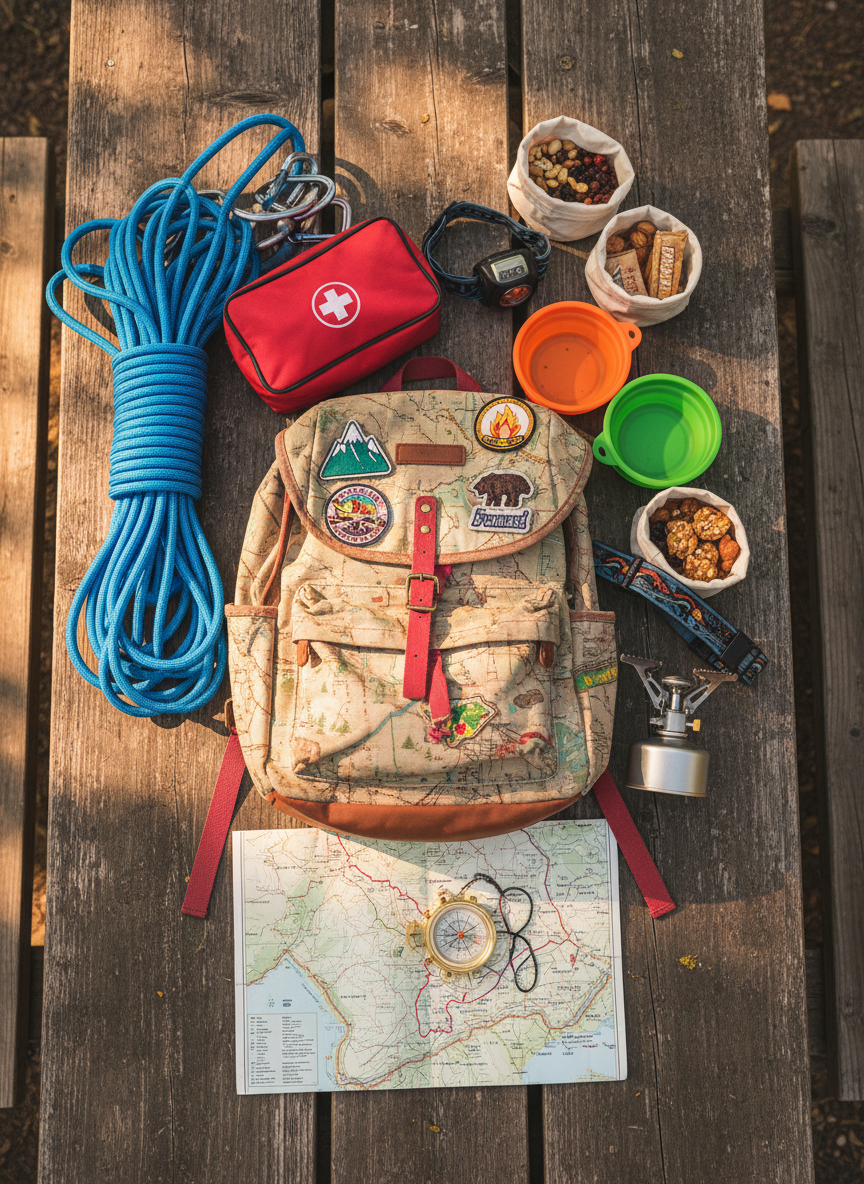 A playful campsite gear flat lay arranged on a rustic wooden picnic table, centered on a well-used, map-patterned backpack with colorful patches and frayed straps. Surrounding it are a neatly coiled climbing rope, a compact first aid kit, a headlamp with elastic band, collapsible silicone bowls, a lightweight camp stove, and trail snacks in reusable containers. A folded, annotated topographic map lies open beneath a transparent compass and a whistle. Late afternoon sunlight filters through imagined trees overhead, creating dappled patches of light and shadow across the table’s textured grain. Photographic realism, shot from a true bird’s-eye view, with bright, saturated colors and crisp details conveying an organized yet playful approach to packing for a fun, safe camping trip.