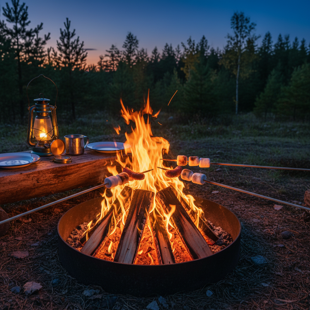 A crackling campfire built in a designated fire ring of dark metal, filled with glowing coals and dancing orange flames that lick at stacked birch logs. Nearby, skewers hold marshmallows and plant-based sausages hovering over the heat, while a rugged wooden log serves as a makeshift table with a lantern, enamel plates, and a well-worn compass. Twilight deepens into rich navy blue sky, with the last traces of sunset behind silhouettes of mixed forest. Warm firelight illuminates the scene, creating sparkling highlights on cookware and casting playful shadows across the ground. Photographic realism, captured from a low, close-up angle with shallow depth of field, emphasizing the joyful, communal feeling of campfire cooking without showing any people.