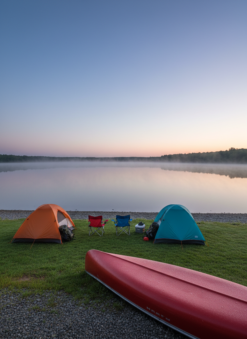 A panoramic view of a lakeside campsite at dawn, featuring two neatly pitched tents in cheerful colors on a flat, grassy clearing just above a smooth pebble shoreline. A pair of folding camp chairs face the still water where a single red canoe rests upside down, beads of dew glistening along its hull. Soft morning light spreads a cool blue and pink gradient across the sky, reflecting perfectly in the mirror-like lake. Mist hovers low over the water, giving the scene a magical, adventurous atmosphere. Photographic realism, shot from a slightly elevated angle with sharp focus throughout, highlighting gear in use while celebrating the peaceful, playful promise of a new camping day.