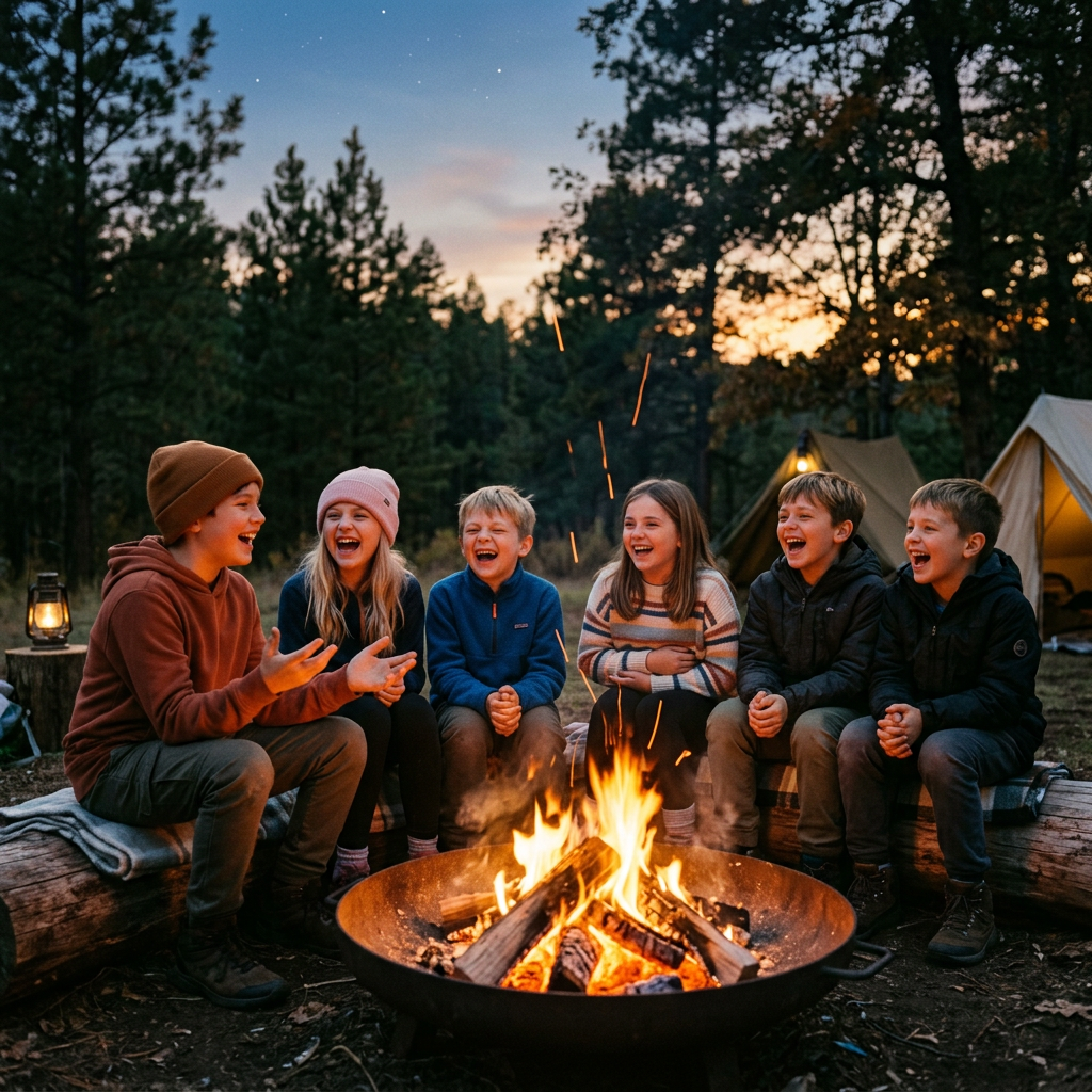 Children gathered around a campfire at dusk