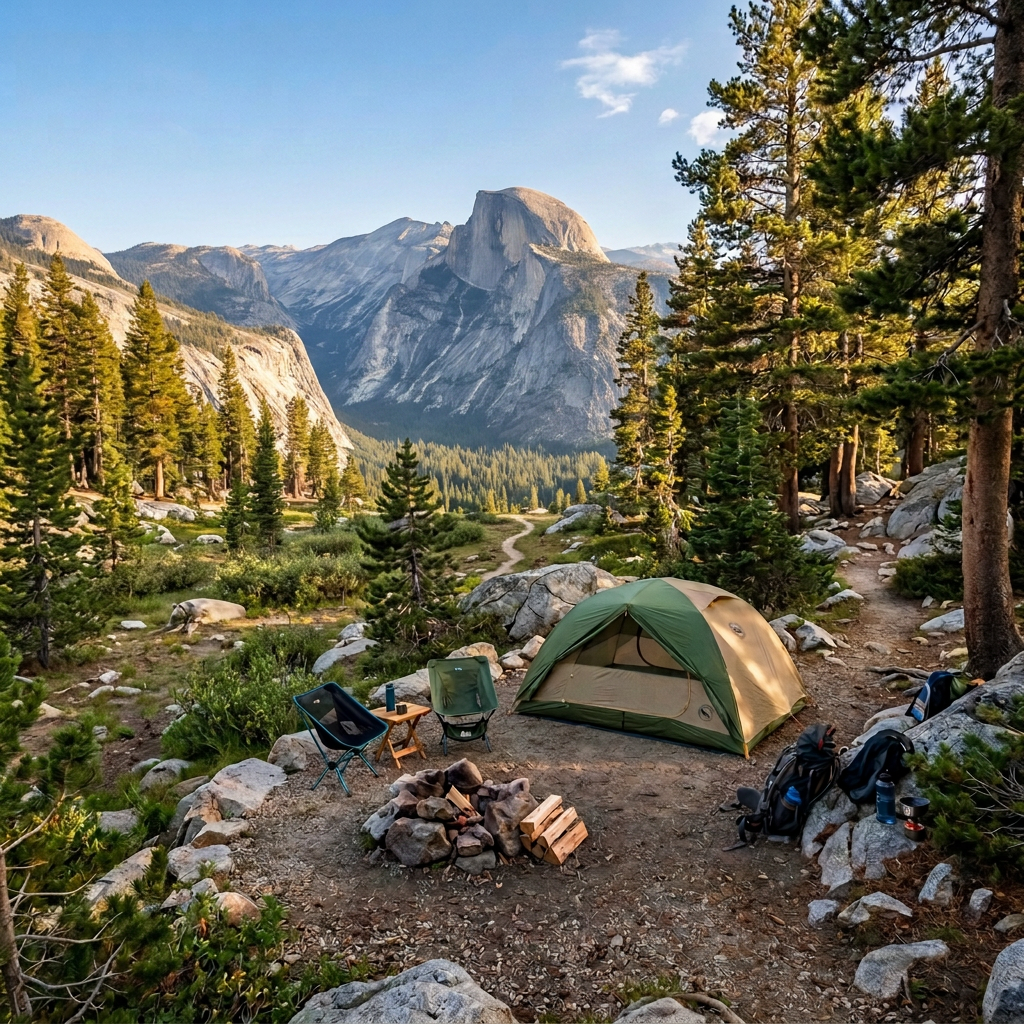 Campsite beside an alpine lake with granite mountains and pine forest
