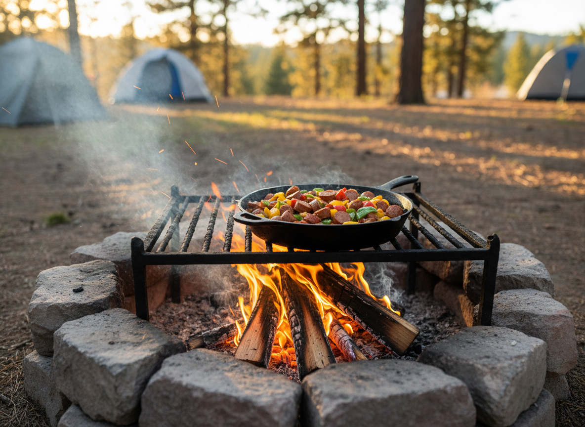 A cast iron skillet filled with sausage and peppers sitting on an iron grate over a wood campfire inside a stone fire ring
