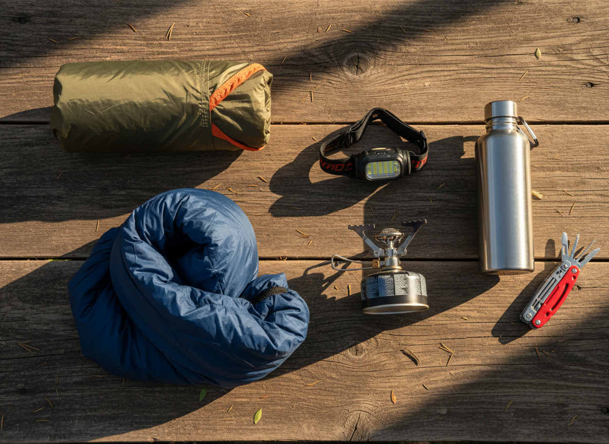 Gear essentials laid out for a camping trip