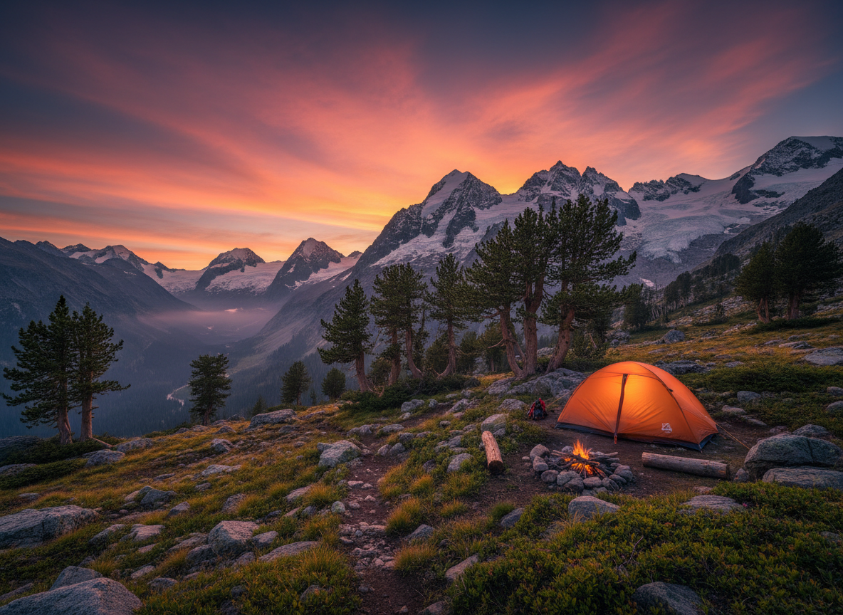 Campsite nestled among mountain peaks