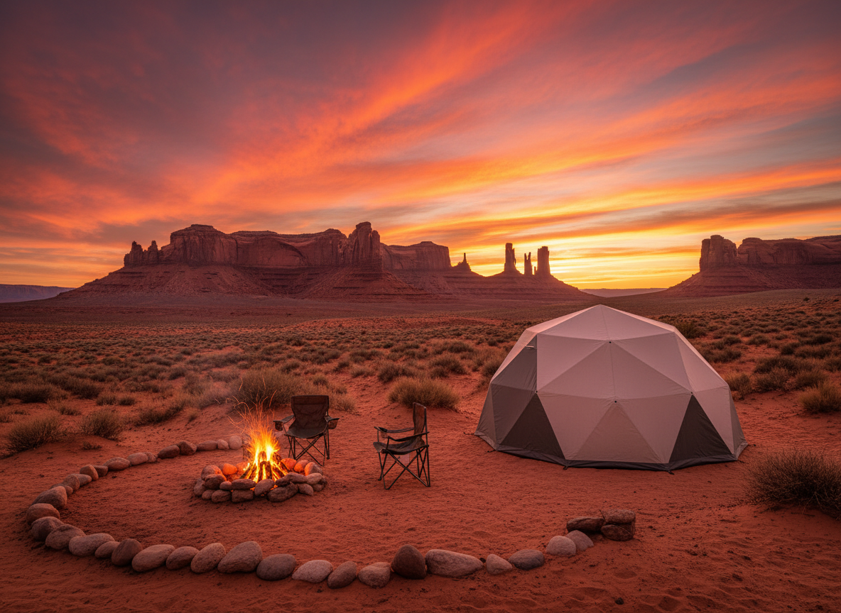 A tent pitched among desert red rock formations
