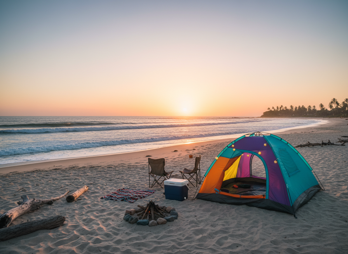 A colorful tent set up on a sandy beach at sunset