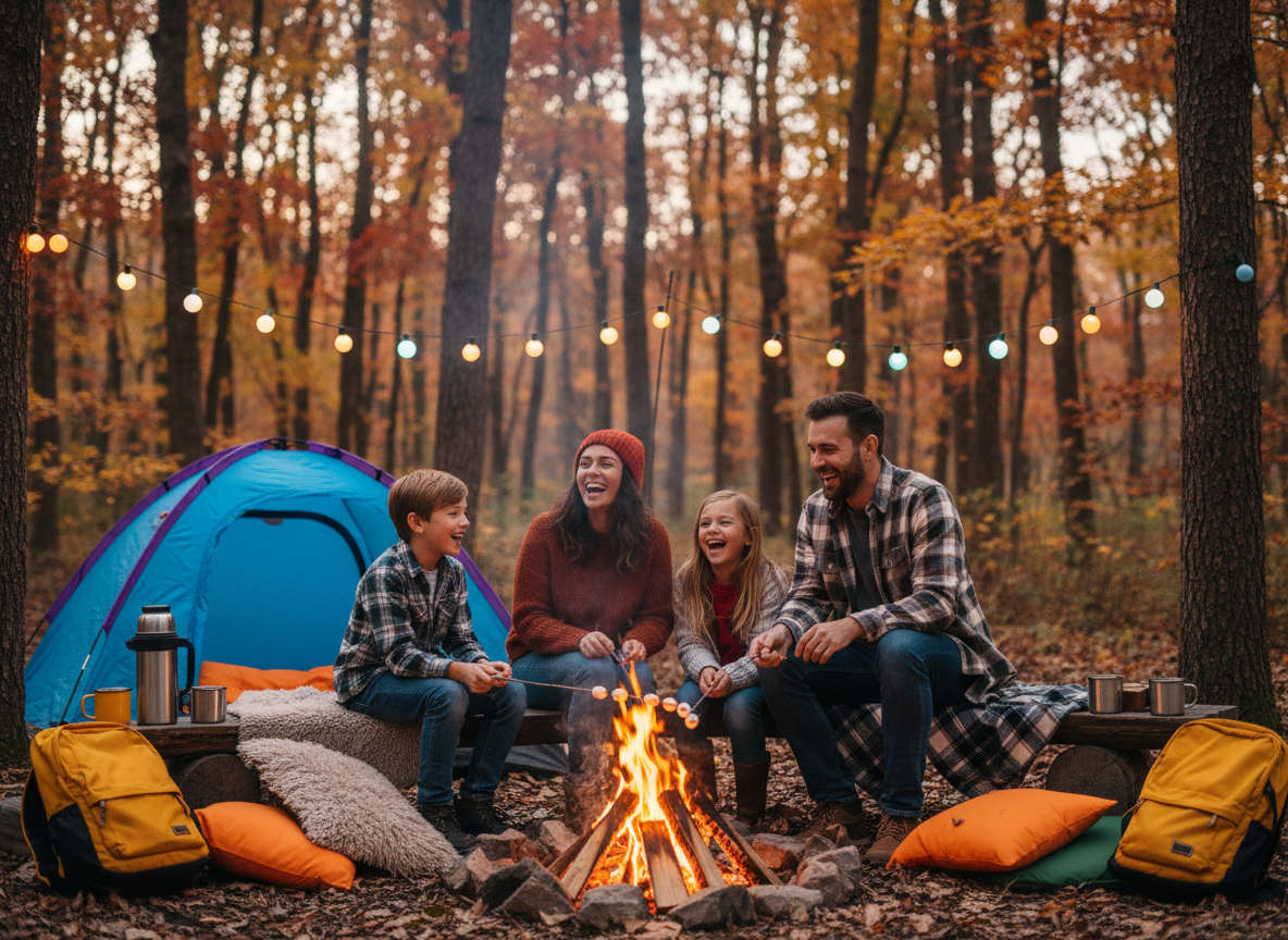 A family laughing together around a campfire