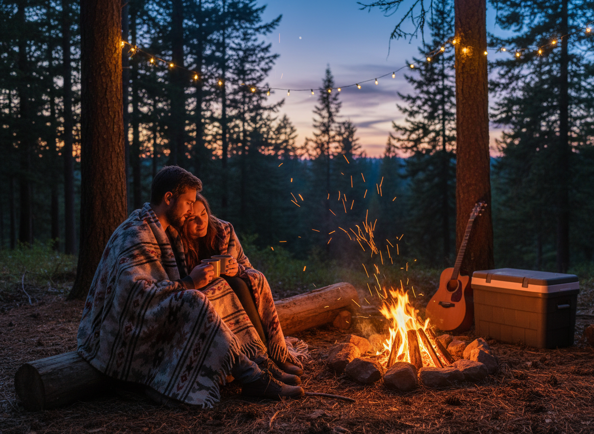 A couple sitting by a campfire under a starry sky