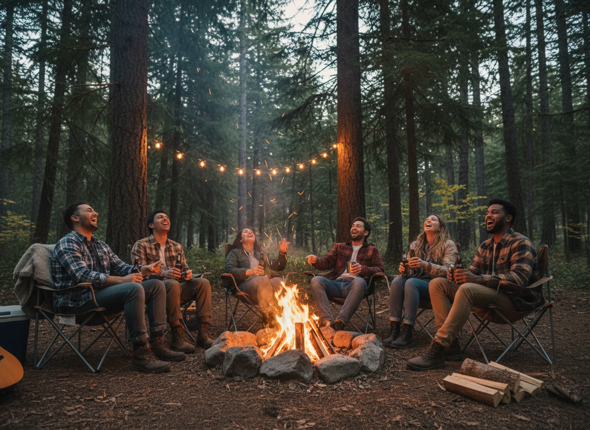 A group of friends gathered around a campfire laughing