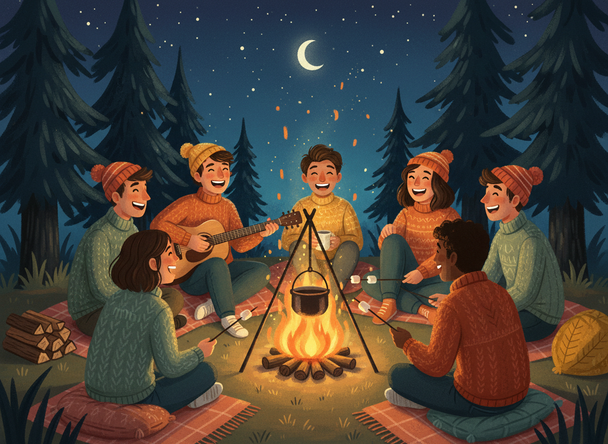 Kids laughing around a campfire sharing jokes