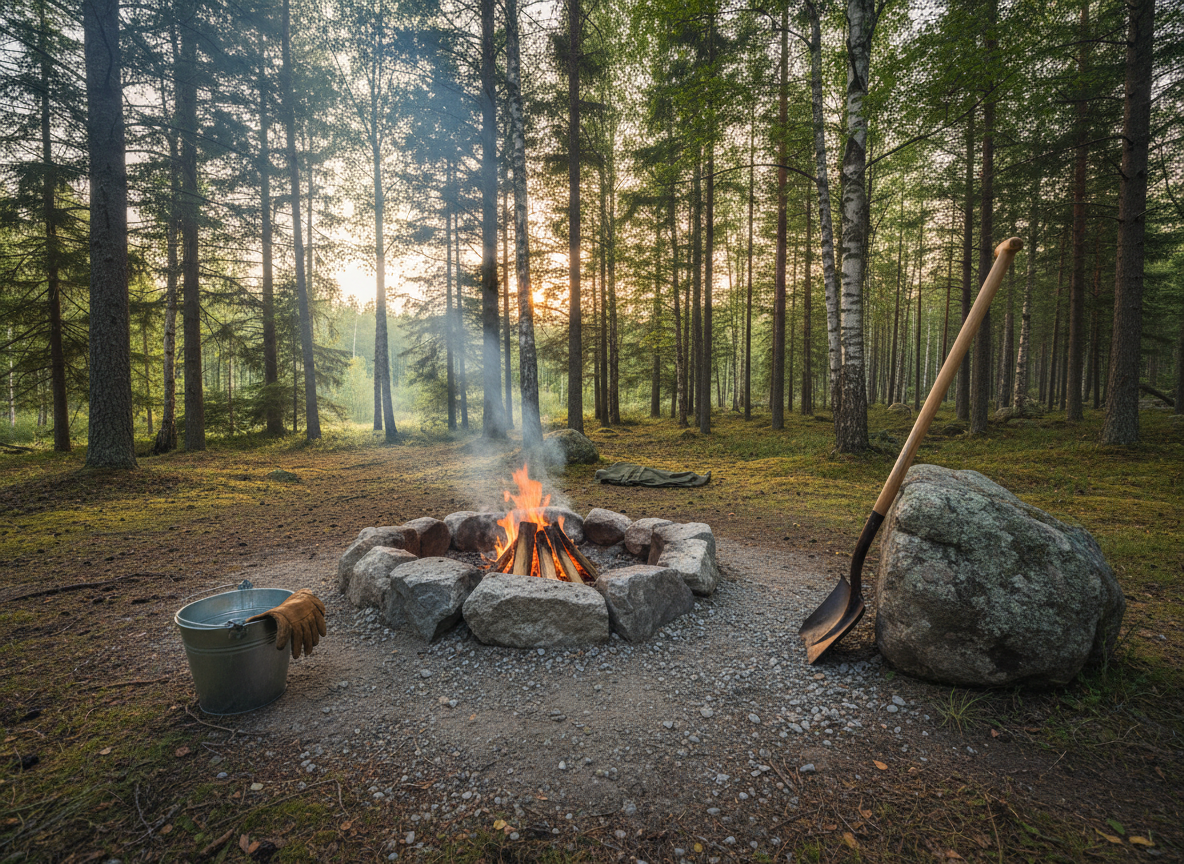 Campfire safety tips with a fire ring and safety tools