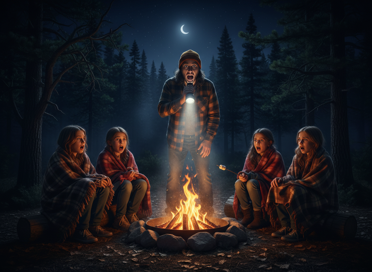 Campers gathered around a glowing campfire sharing stories at night
