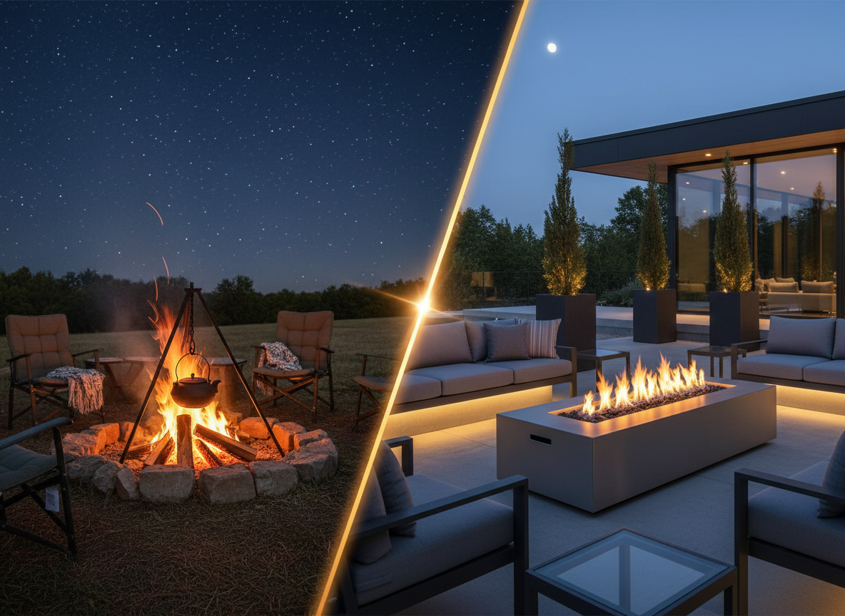 A wood campfire next to a modern gas fire pit side by side