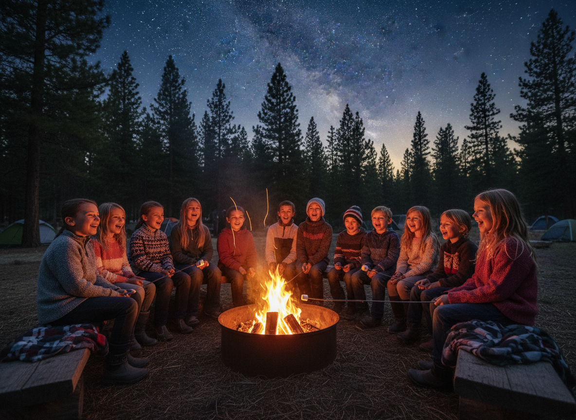 Kids laughing around a campfire pit