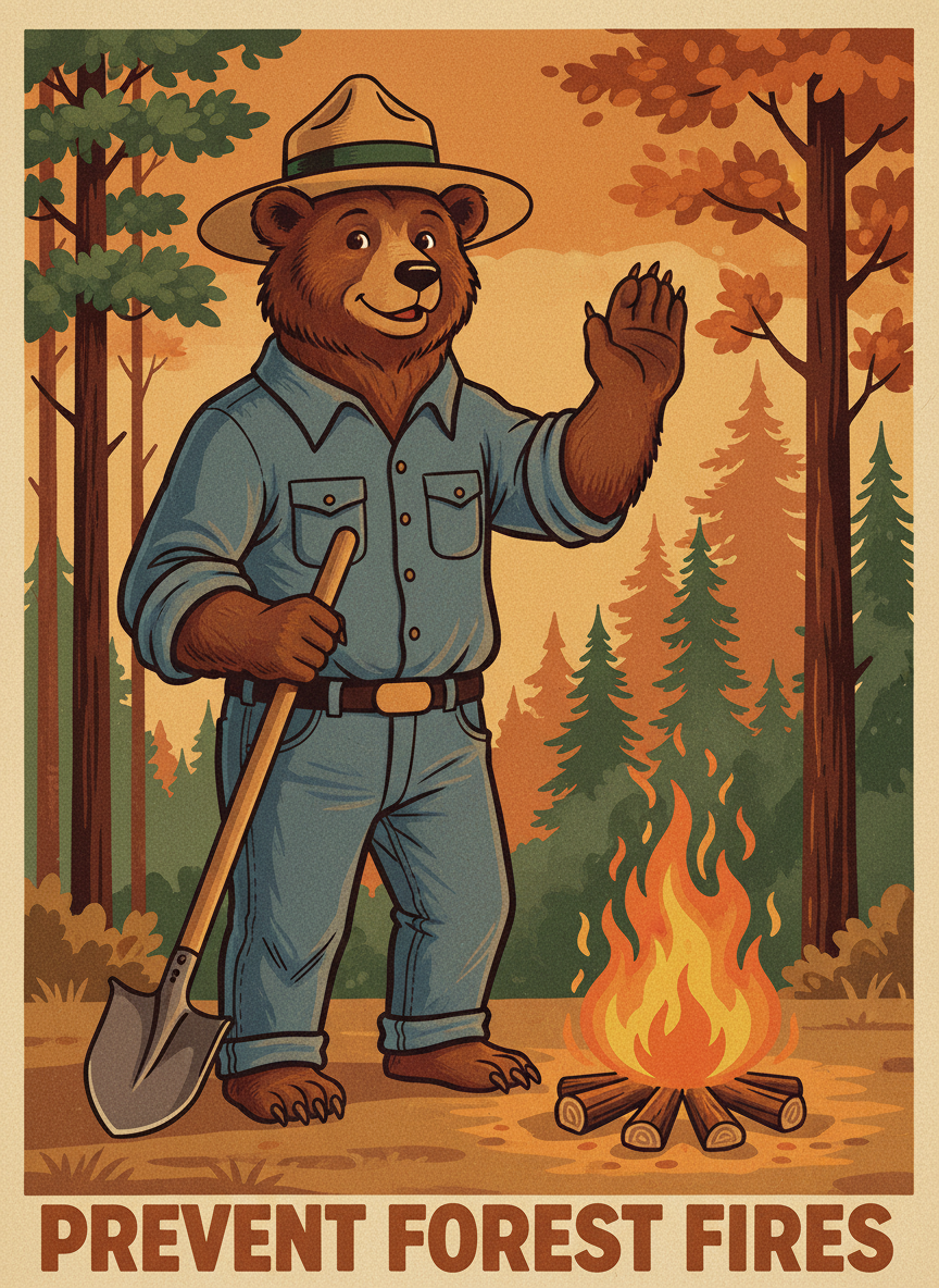 Friendly ranger bear holding a shovel next to a campfire — campfire safety illustration