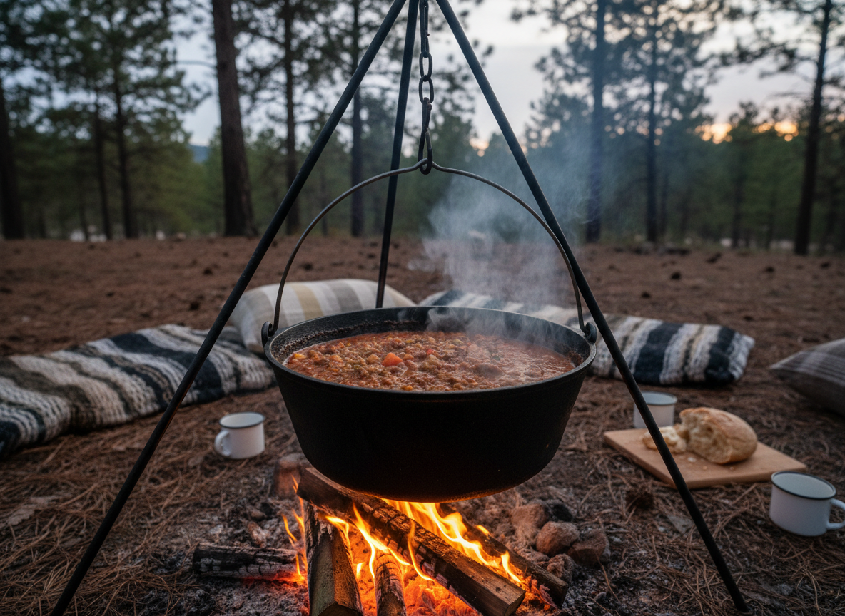 Hot campfire dishes cooking in a dutch oven