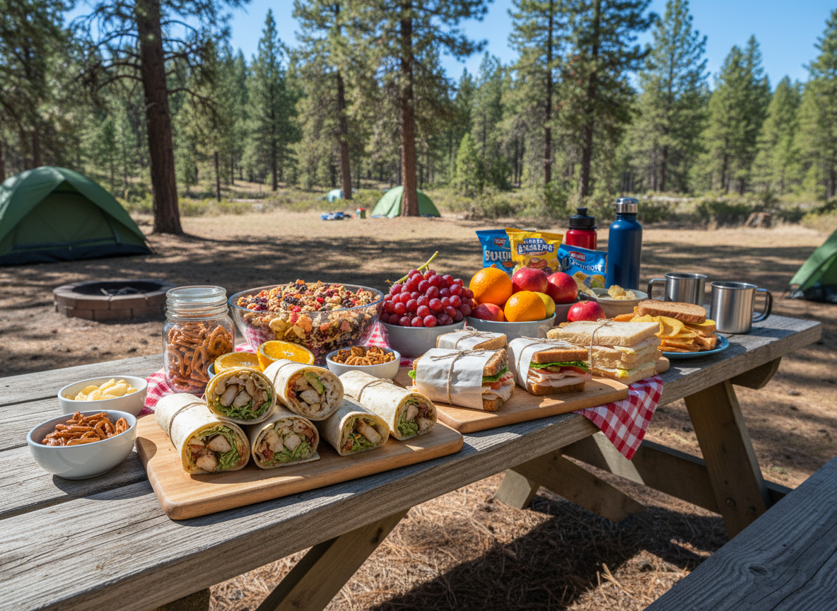 Quick and easy camping food spread on a picnic table