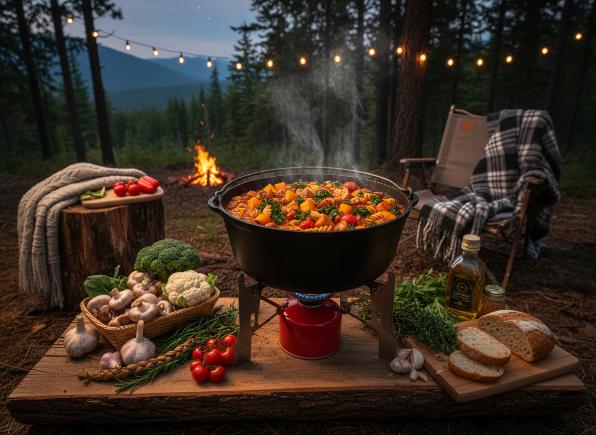 One pot meal cooking over a camp stove