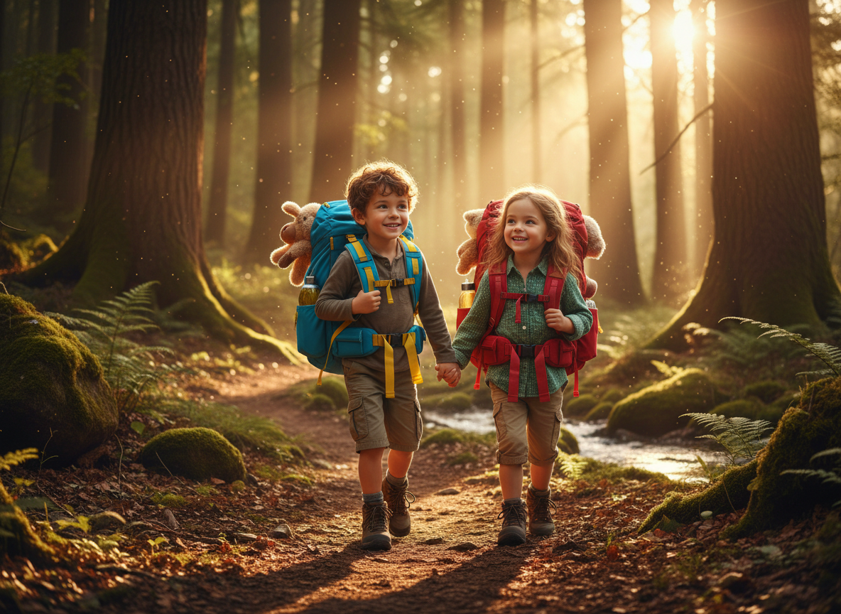 Kids hiking a forest trail with backpacks