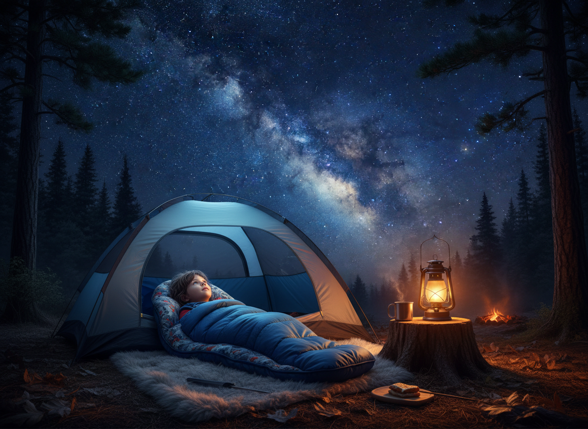 Child stargazing at night under a clear sky