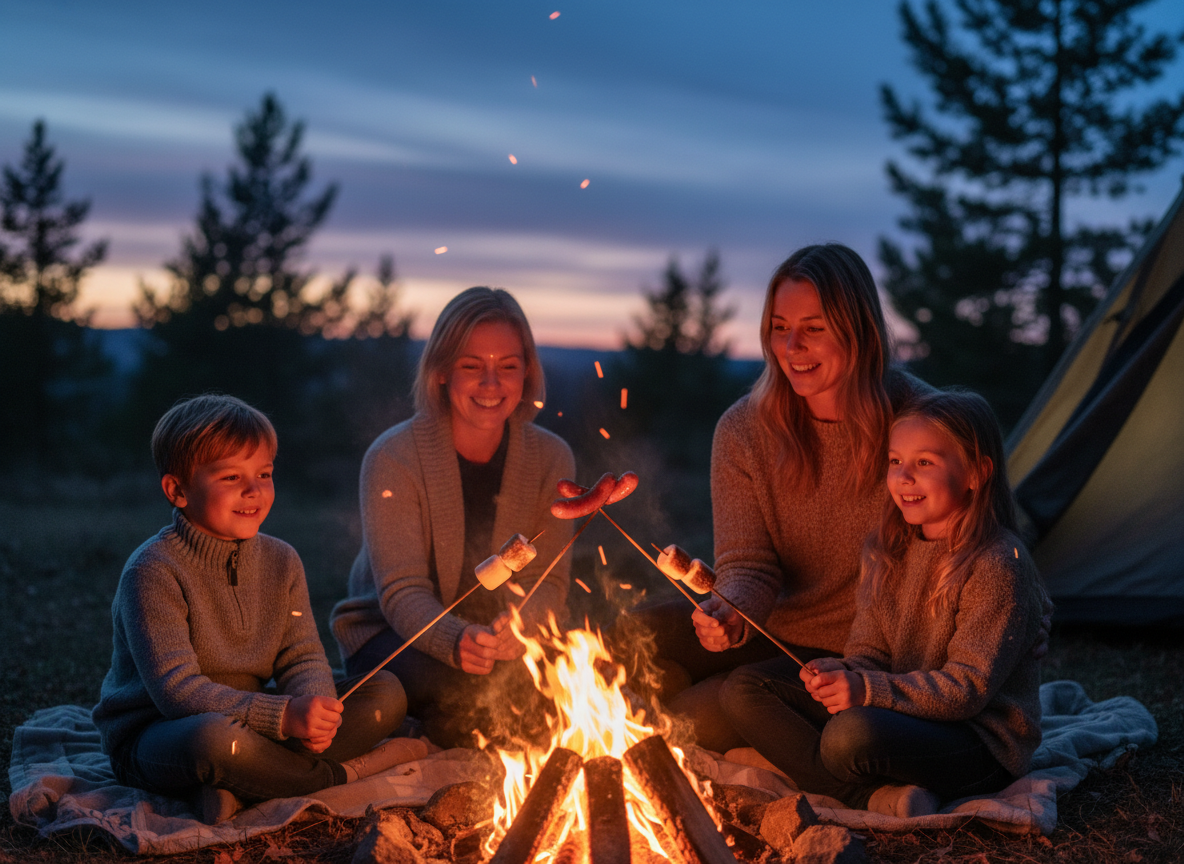 Kids cooking over a campfire with a parent