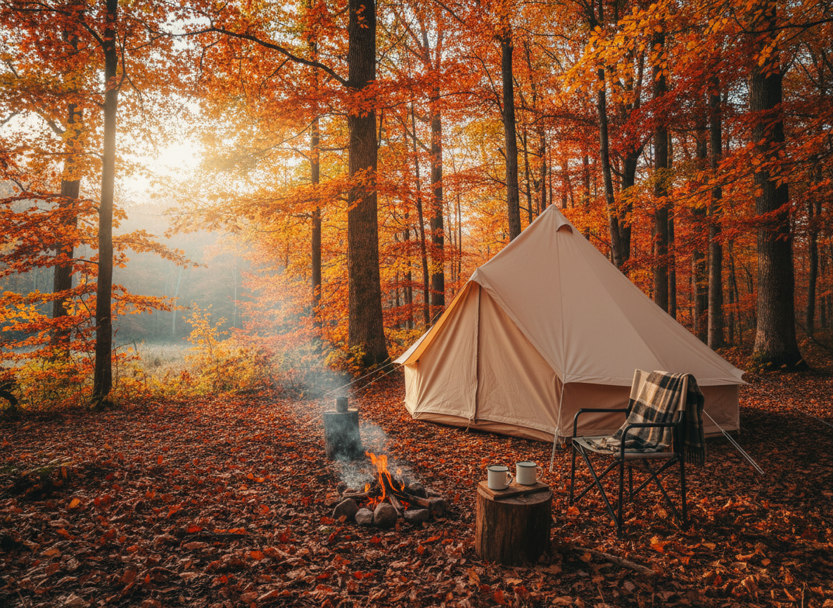 Fall Camping with colorful leaves and campfires