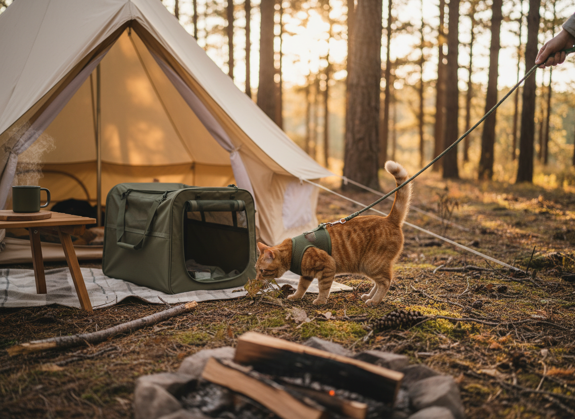 A harnessed cat exploring near a tent at a campsite