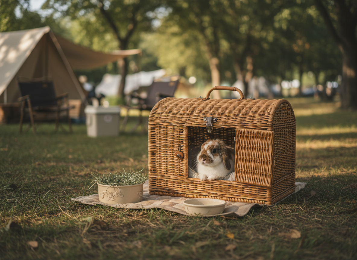 A small pet bunny in a shaded secure enclosure at a campsite