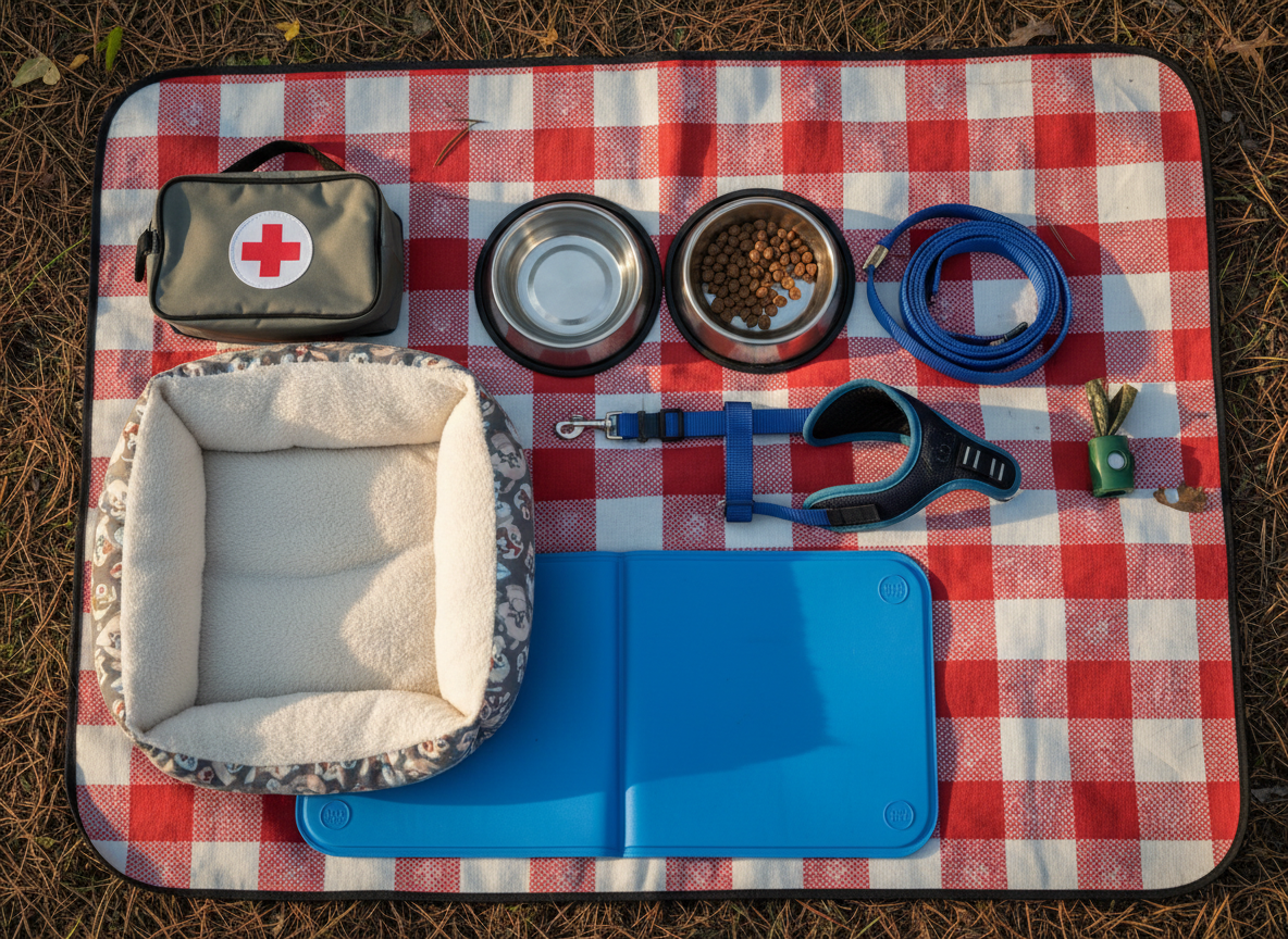 Pet camping gear laid out on a blanket