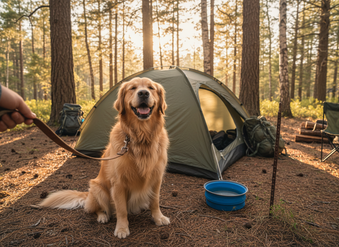 A leashed dog resting beside a tent at a campsite