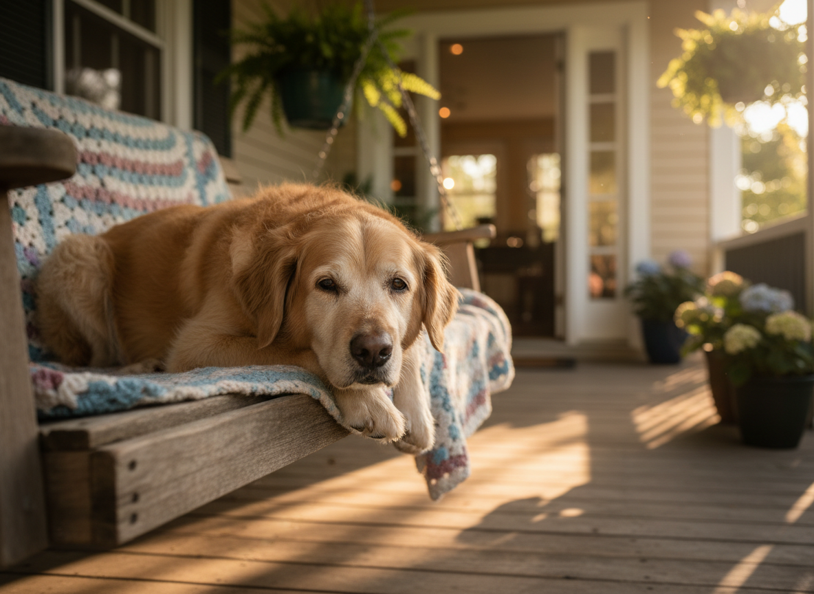 A calm senior dog resting comfortably on a porch