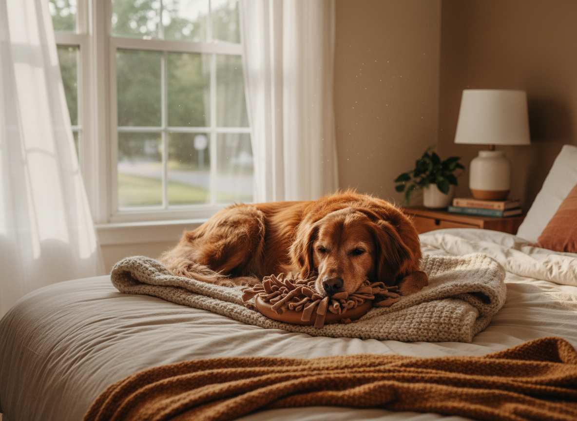 A content dog resting comfortably at home with a toy