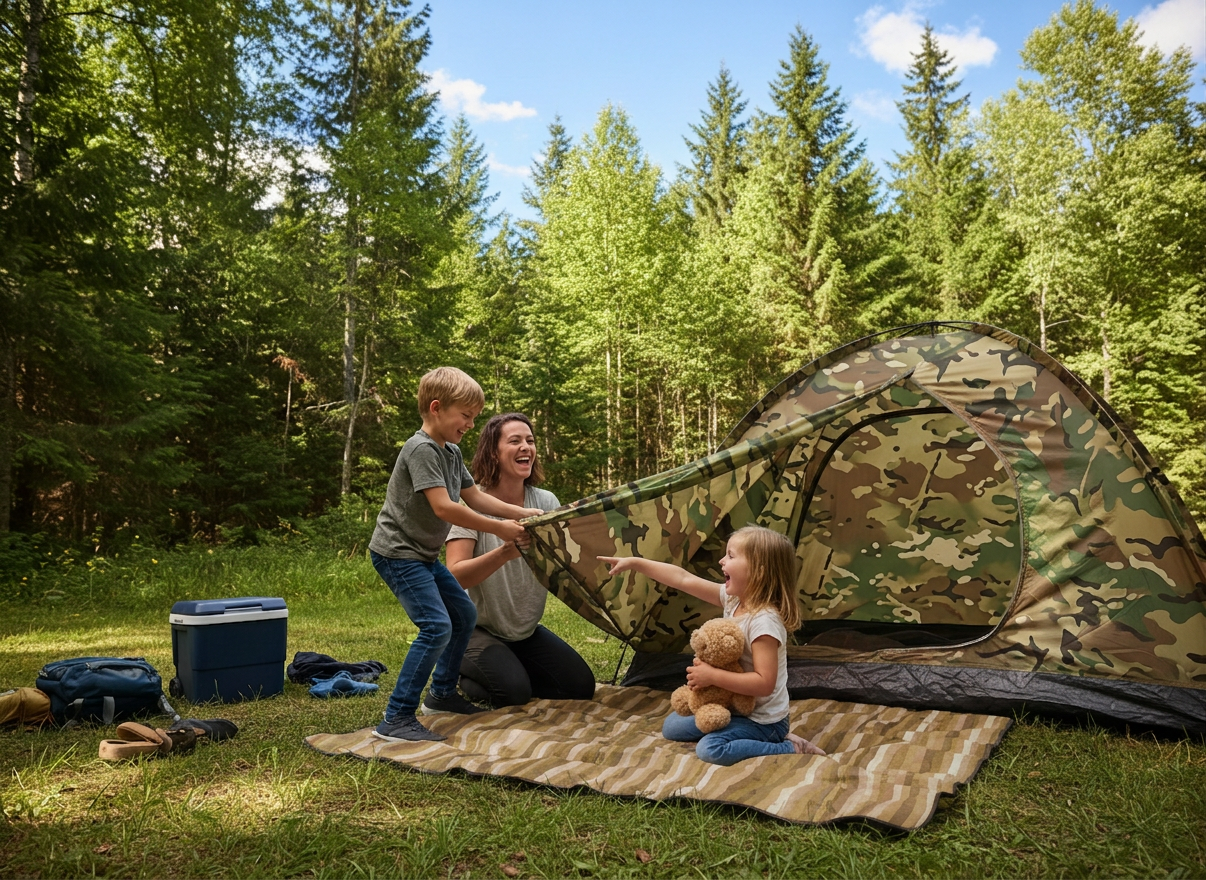 A parent and two young children laughing while setting up a colorful tent at a campsite surrounded by trees, bright daytime lighting