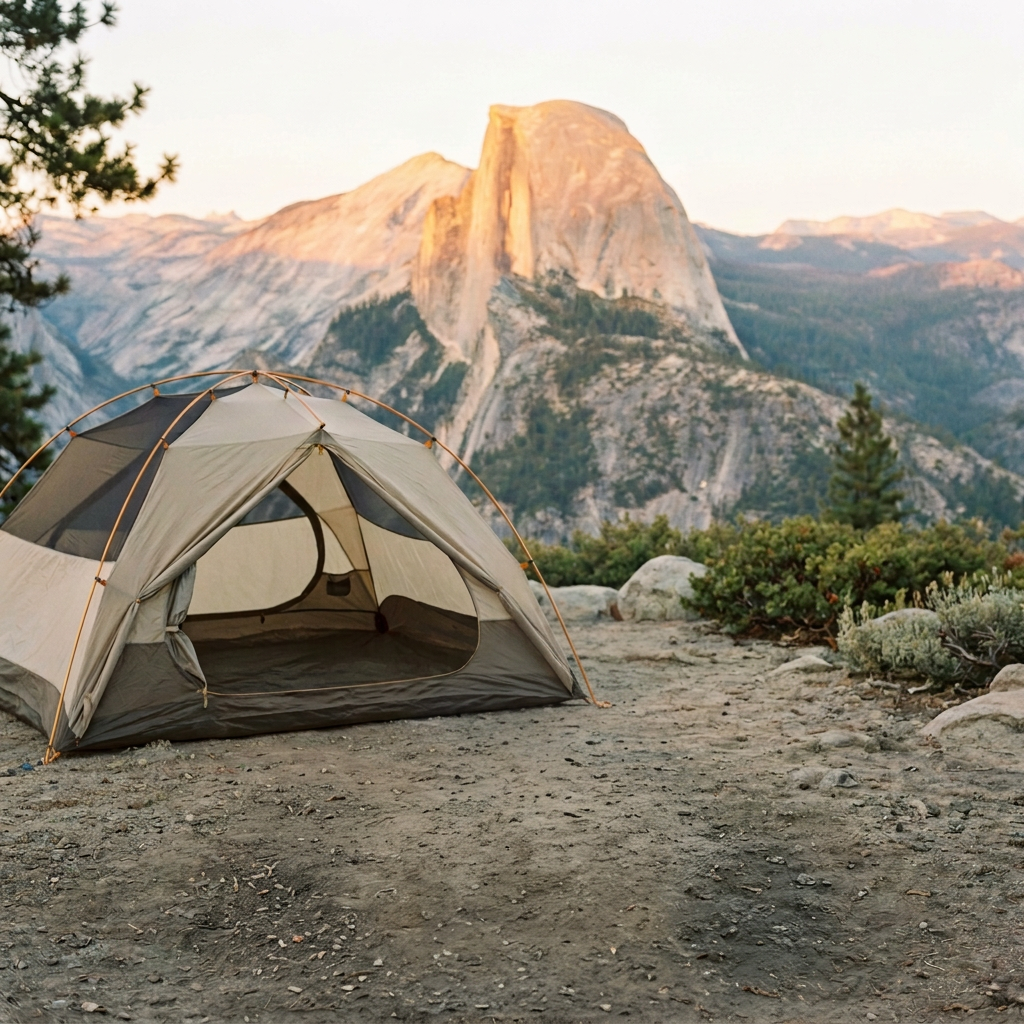 Family gathered around a campfire at a Yosemite campsite beneath Half Dome