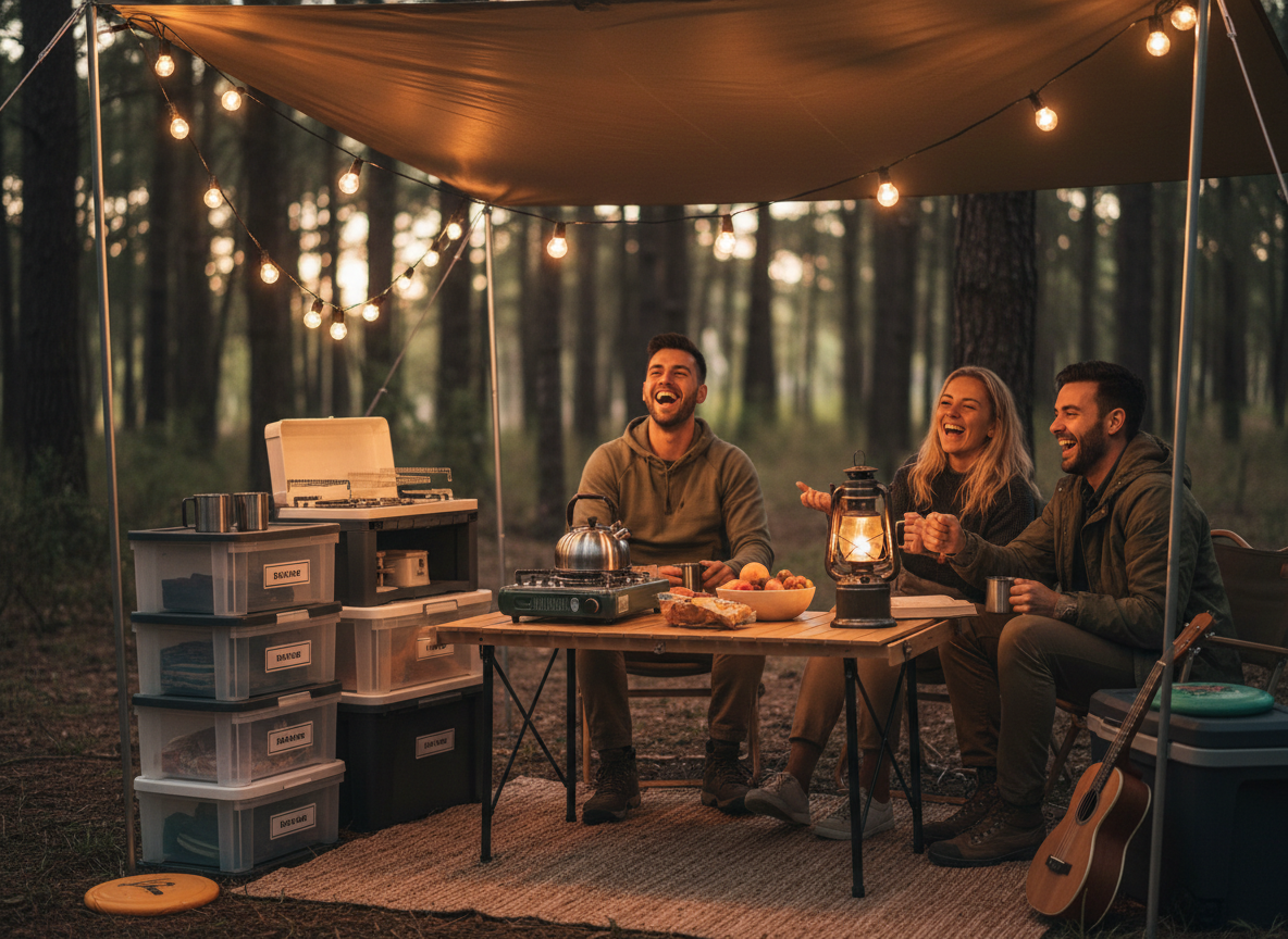 A well-organized, cheerful camp kitchen and living area at evening: tidy storage bins, warm string lights, a lantern, a camp stove with a kettle, snacks laid out, people laughing together.