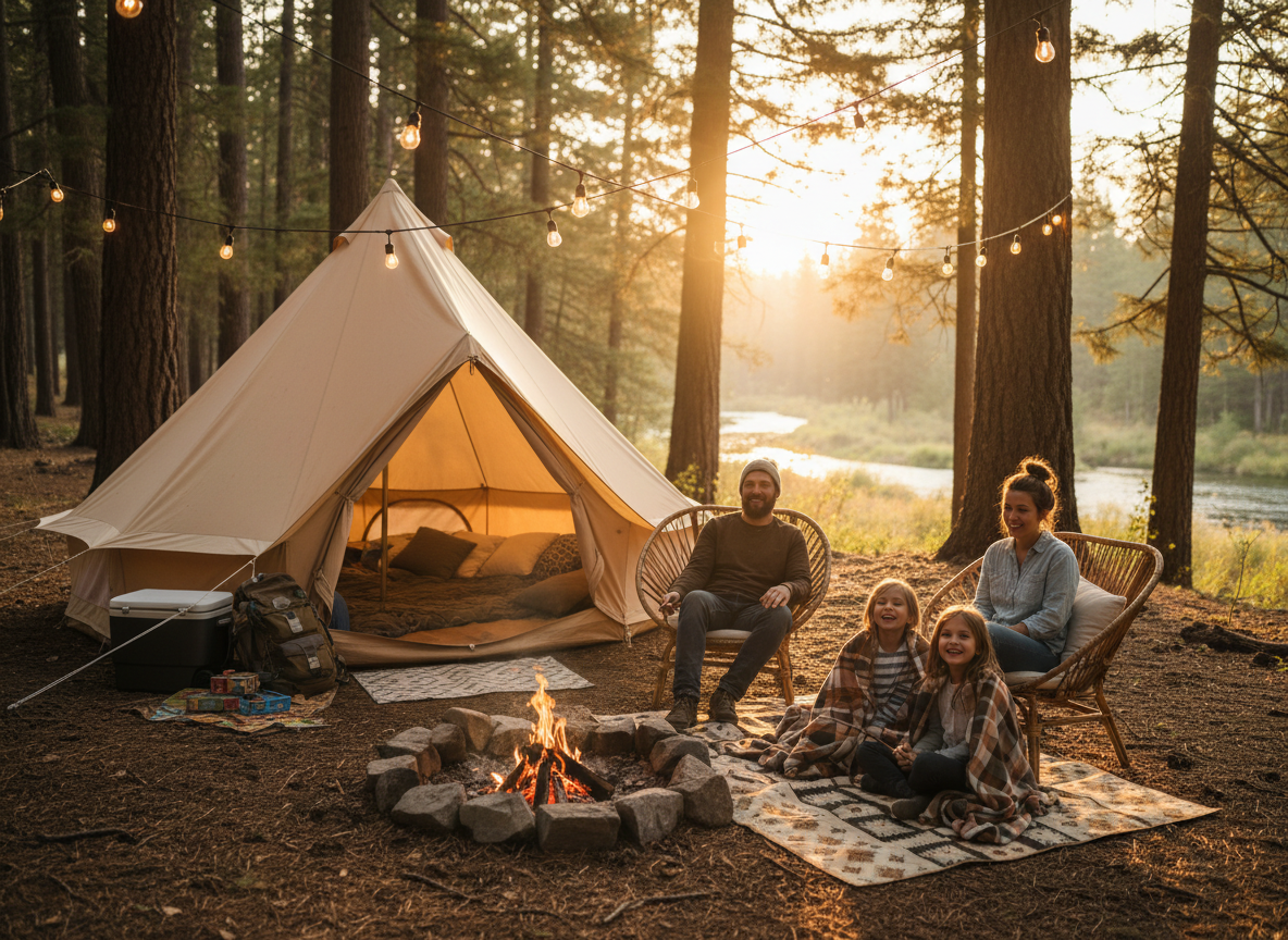 A warm, inviting family campsite at golden hour: a cozy tent with soft lighting glowing inside, comfortable camp chairs around a gentle campfire, string lights overhead, a family relaxing together.