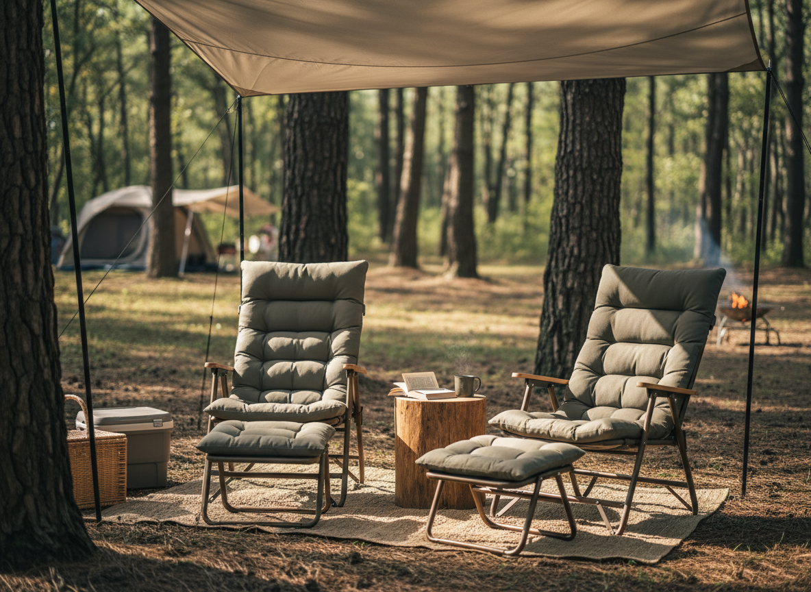 A relaxed campsite seating area in daylight: comfortable padded camp chairs with footrests under a shade canopy, a small side table with a mug, dappled sunlight through trees.
