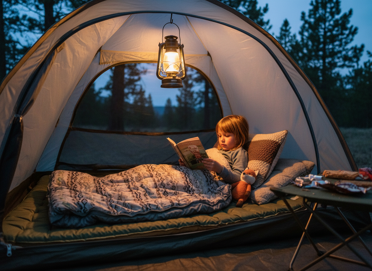 Inside a cozy camping tent at dusk: a thick sleeping pad, plush sleeping bag, fluffy camp pillow, soft warm lantern light, a child tucked in reading.